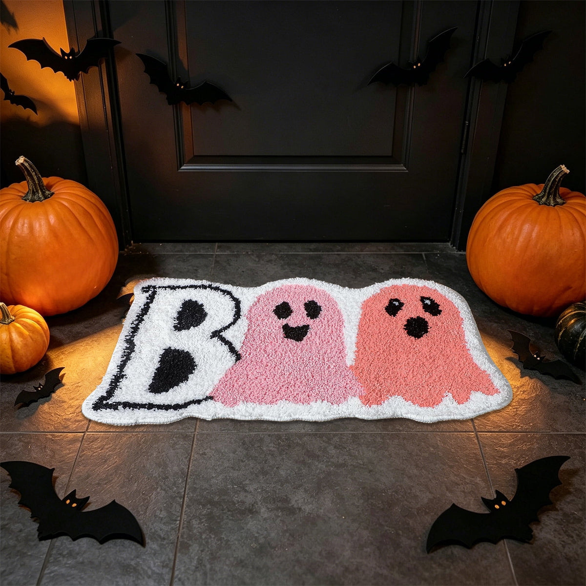 Halloween Door Mat Outdoor Boo Ghost Welcome Doormats for Front Door Non Slip Ghost Floor Mat Black White Stripe Halloween Rug for Entryway Front Porch Outside Decor
