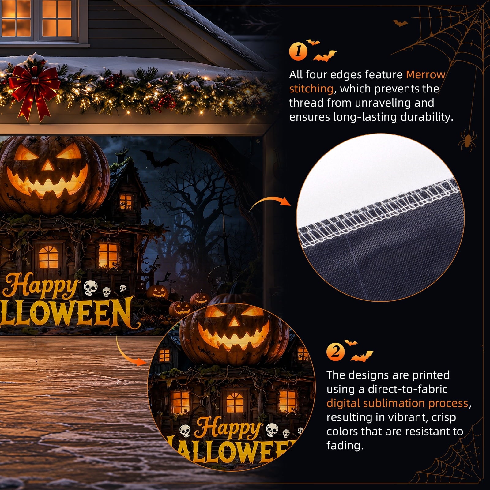 Lifestance Halloween Garage Door Banner, 16 x 7 ft Haunted Pumpkin Manor Garage Door Cover, Outdoor Halloween Decoration with Hanging Kit for Parties, Home & Yard Décor