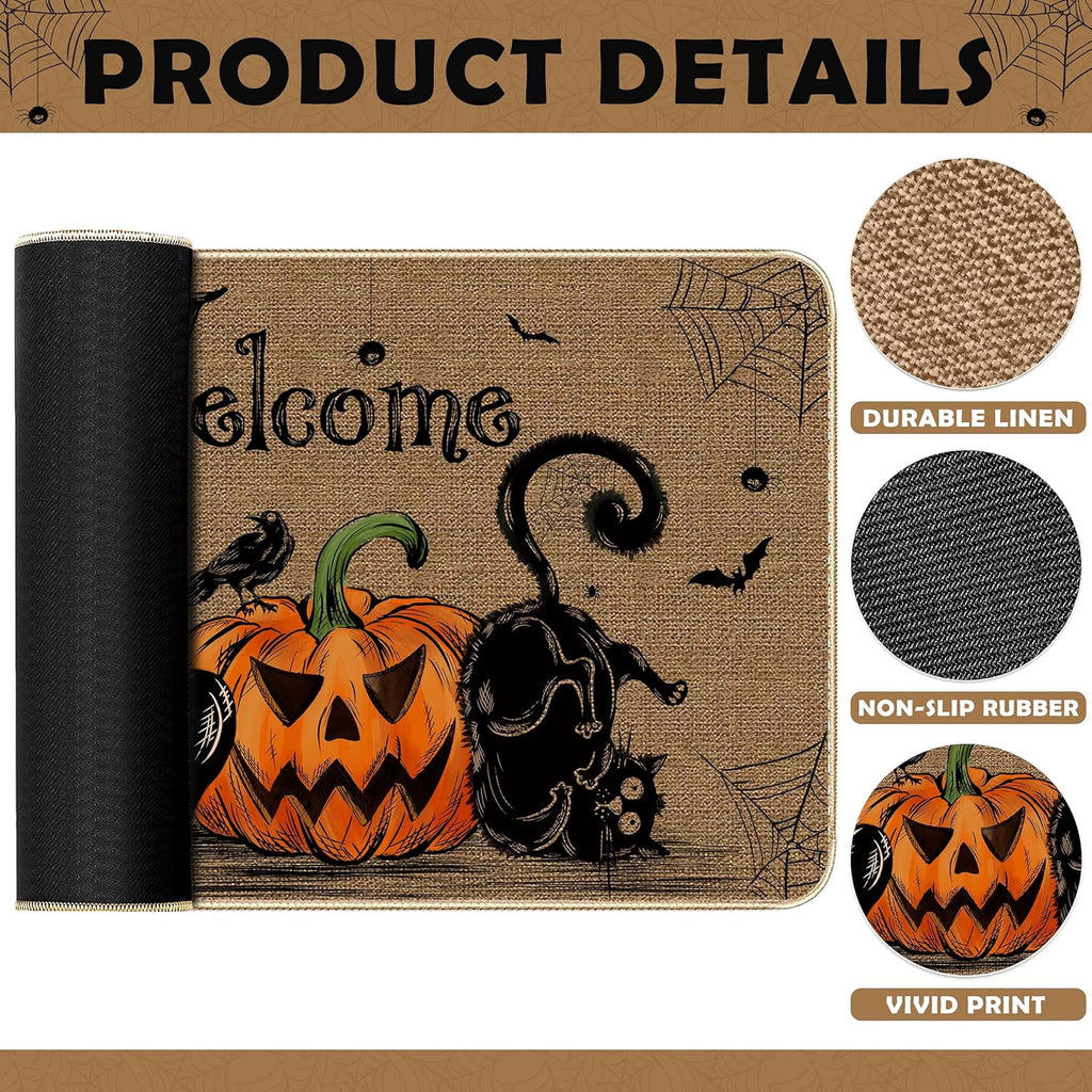 NIETEIN Halloween Door Mat Pumpkin Cat Gnomes Non-Slip Washable 31.5x19.7 Inch (Black Cat Pumpkin Dwarf)