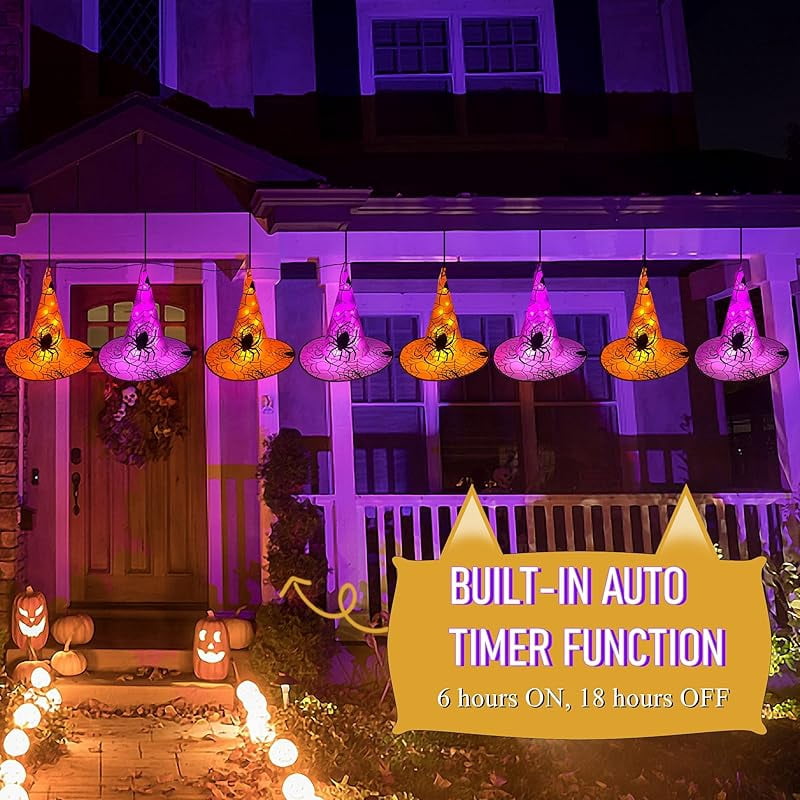 Halloween Decorations 8 Pcs Lighted Hanging Witch Hats, Remote Control with 8 Modes Light Up 14 FT Halloween String Lights, for Indoor Outdoor Yard, Lawn, Graveyard Scenes Party