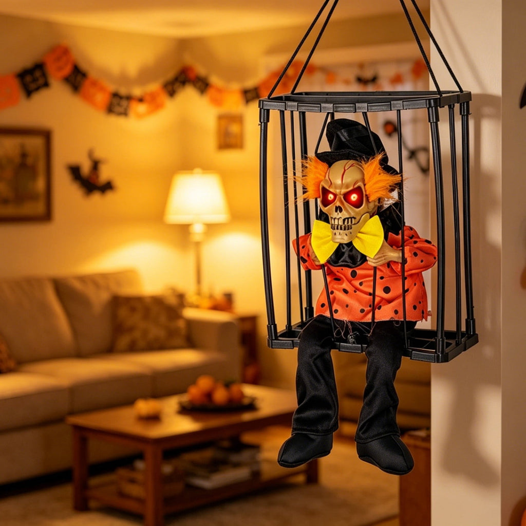 XIA0LE Halloween Hanging Caged Skeleton Prisoner Decoration, Animated Shaking Scary Ghost With Motion Sensor & Sound, Glowing Red Eyes Activated For Indoor Outdoor Party Decor (C)