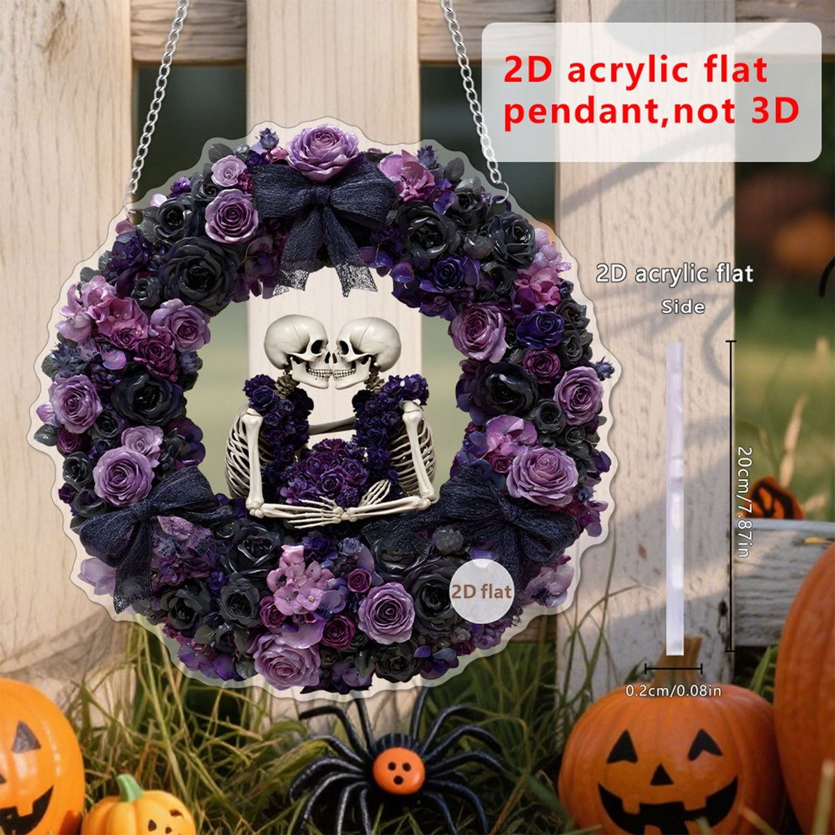 Btomtd Diameter 8" Pumpkin Skull Wreath Halloween Decor Acrylic Round Disk Hanging Ornament with Garland for Front Door Window, A