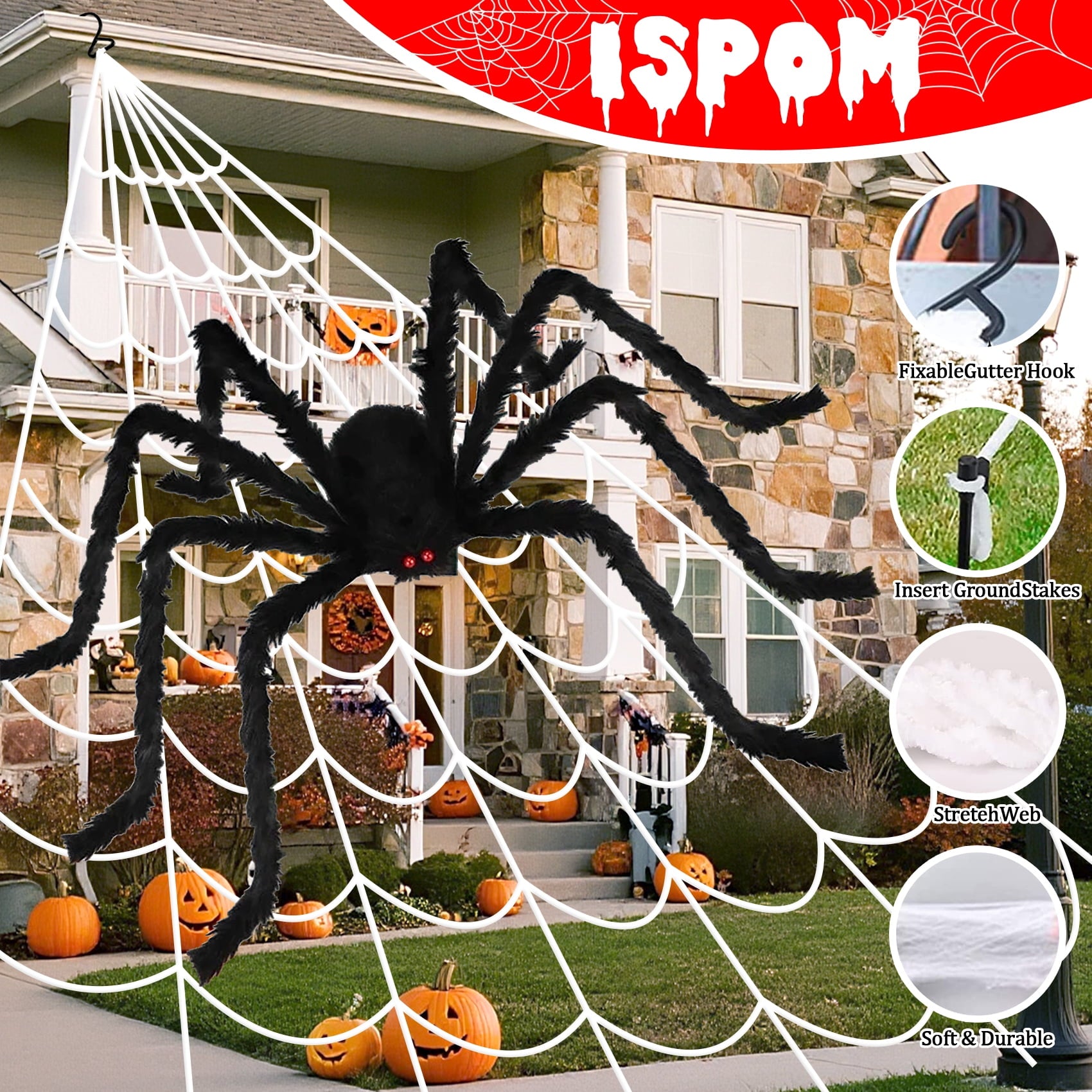 Scidweet Halloween Decorations Outdoor, 350 LED Halloween Spider Web Lights with 79" Giant Spider for Home Garden Yard Decor