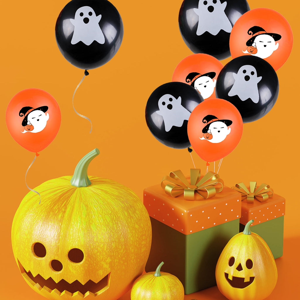 20psc Orange Black Ghost Theme Balloon, printed with orange Halloween Ghost pattern, both orange and black balloons have Halloween Ghost decoration party supplies