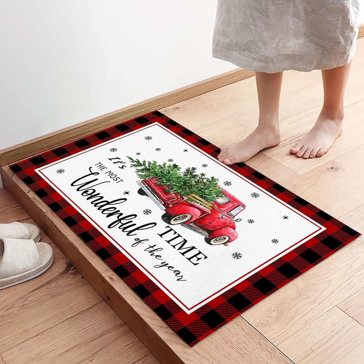Christmas Snowman Trees Entrance Door Mat, Red Plaid Low Profile Tradition Christmas Decor Welcome Doormat, Non-Slip Carpet Rugs Floor Mat Decorative for Home/Bathroom/Kitchen - 20"x31.5"