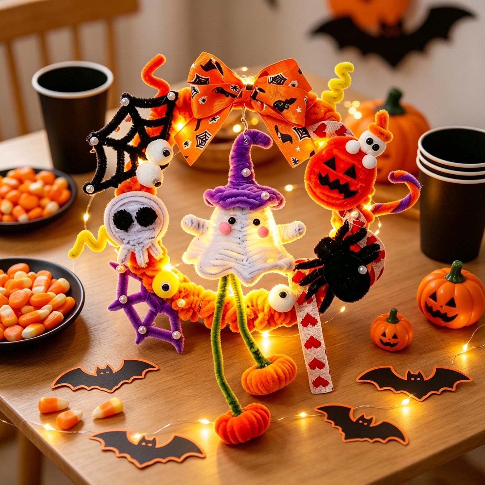 WWC Halloween Wreath, Orange LED Pumpkin and Bats Wreath, Gothic Halloween Decorations Wreath for Front Door, Indoor Outdoor Party Decor