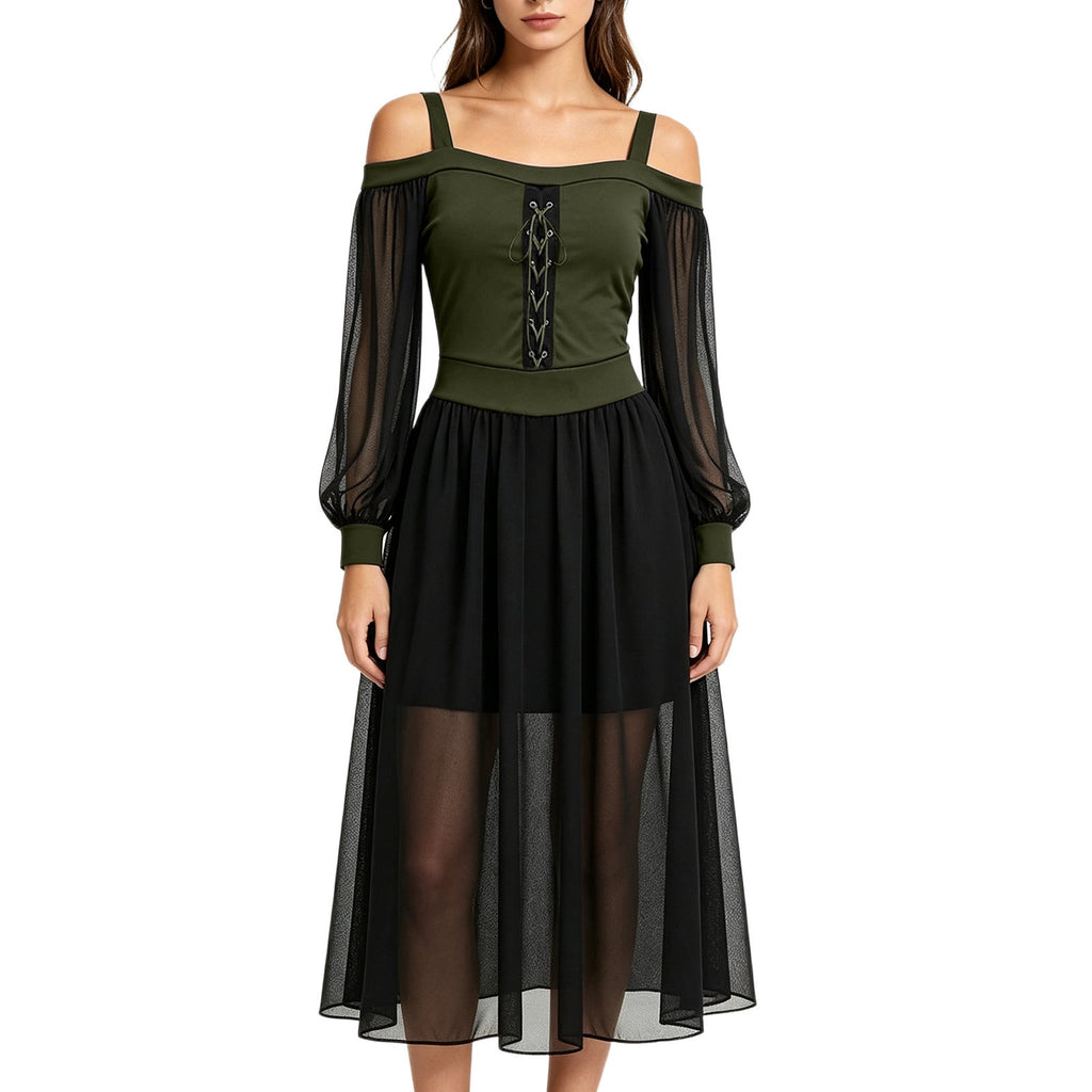 JOANKDMI Women's Gothic Midi Dress Elegant Vampire Costume Cold Shoulder Sheer Long Sleeve Lace-up Corset for Roleplay Halloween Party Outfit Chic, S-3XL