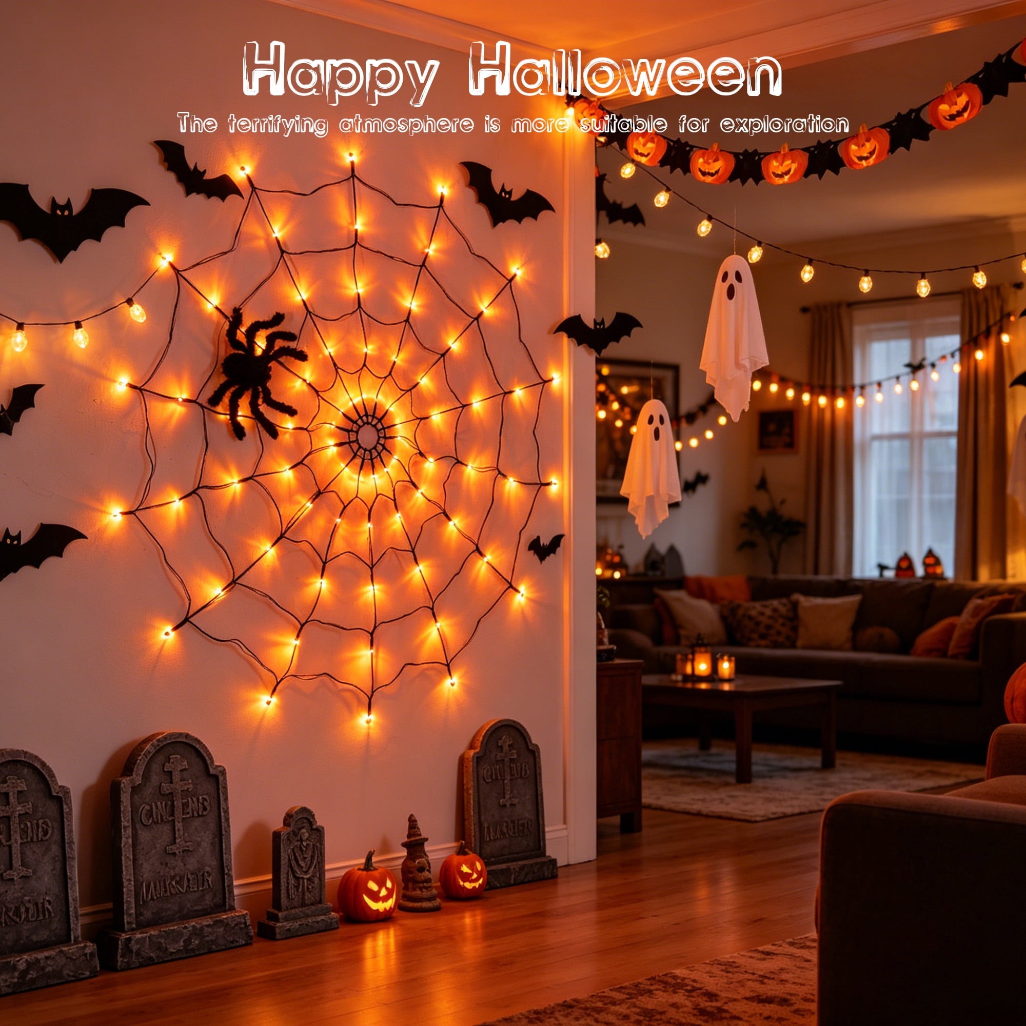 DAYBETTER Halloween Spider Web Lights, 4FT Purple LEDs with Hairy Black Spider, Remote Control, Waterproof for Indoor, Outdoor, Halloween Decor