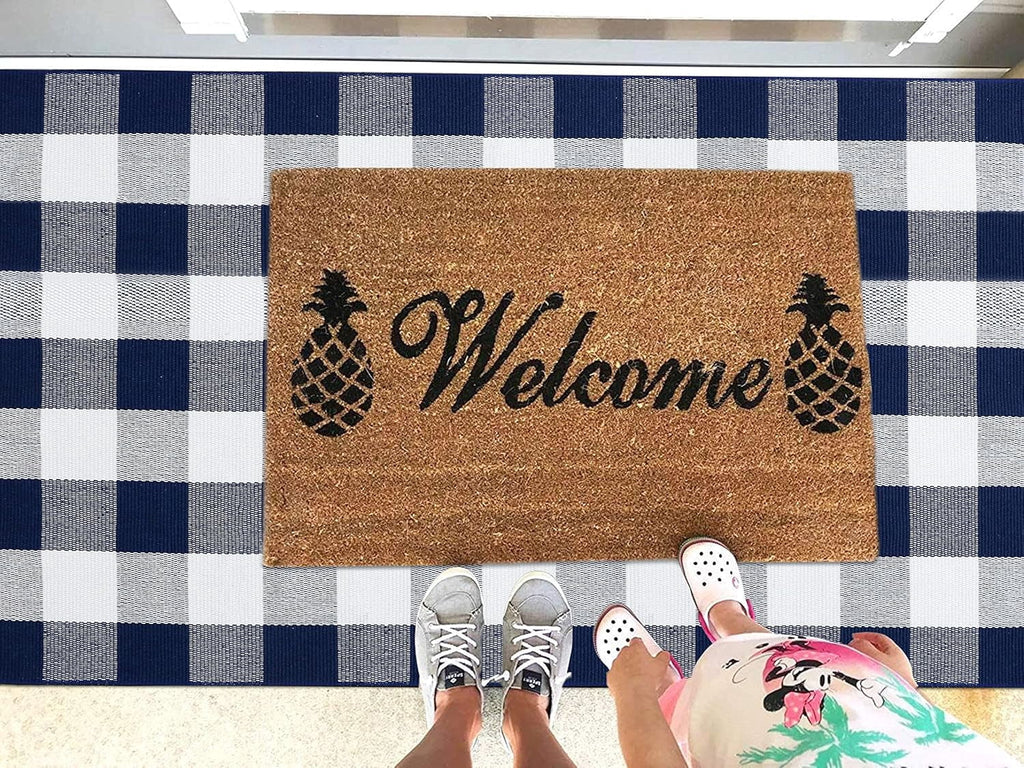 HearthHarmony Buffalo Plaid Area Rugs 2x3 Ft Brown and Black Checkered Rugs Washable Front Door Mat Hand Woven Cotton Outdoor Small Rug for Front Porch Kitchen Entryway Patio Bathroom