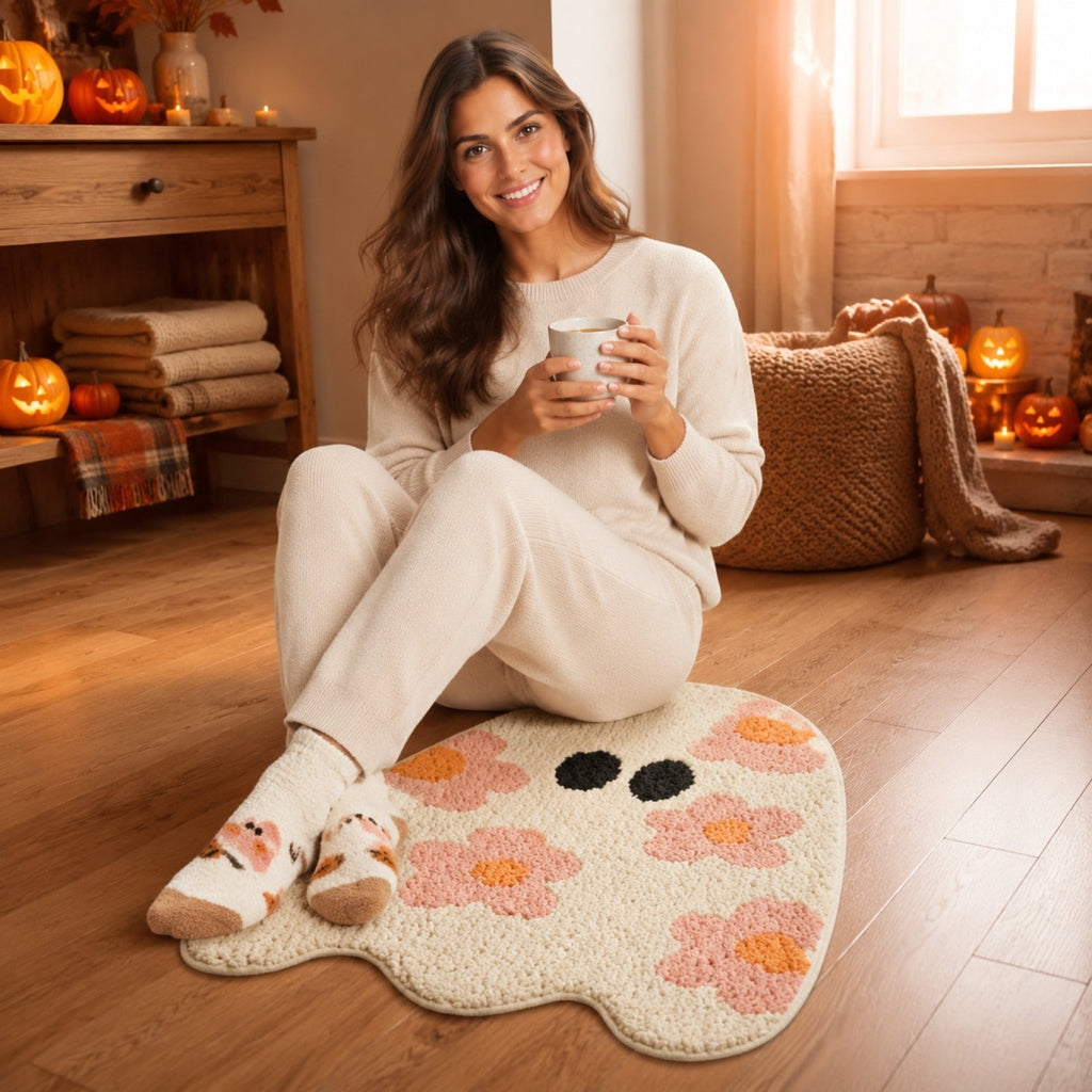Pinks Ghost Doormat with Floral Patterns Irregular Halloween Cute Rug Non Slipes for Front Porch Indoor Outdoor