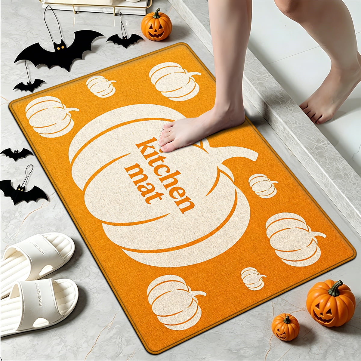 YIMEIS Halloween White Pumpkin Multi-purpose 3-Piece Flannel Mat and Kitchen Rugs,Soft Non-slip for Home Bedroom Bathroom
