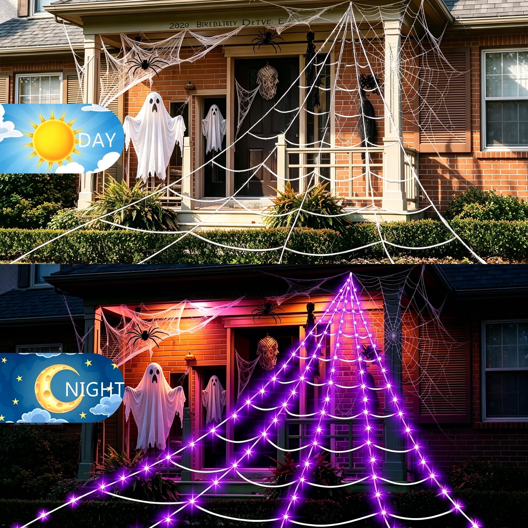 DAYBETTER Halloween Spider Web Lights, 5FT Giant Spider, 250 LED Holiday Lights, Remote Control Waterproof for Indoor Outdoor Yard Party Halloween Decorations (Purple & Orange)