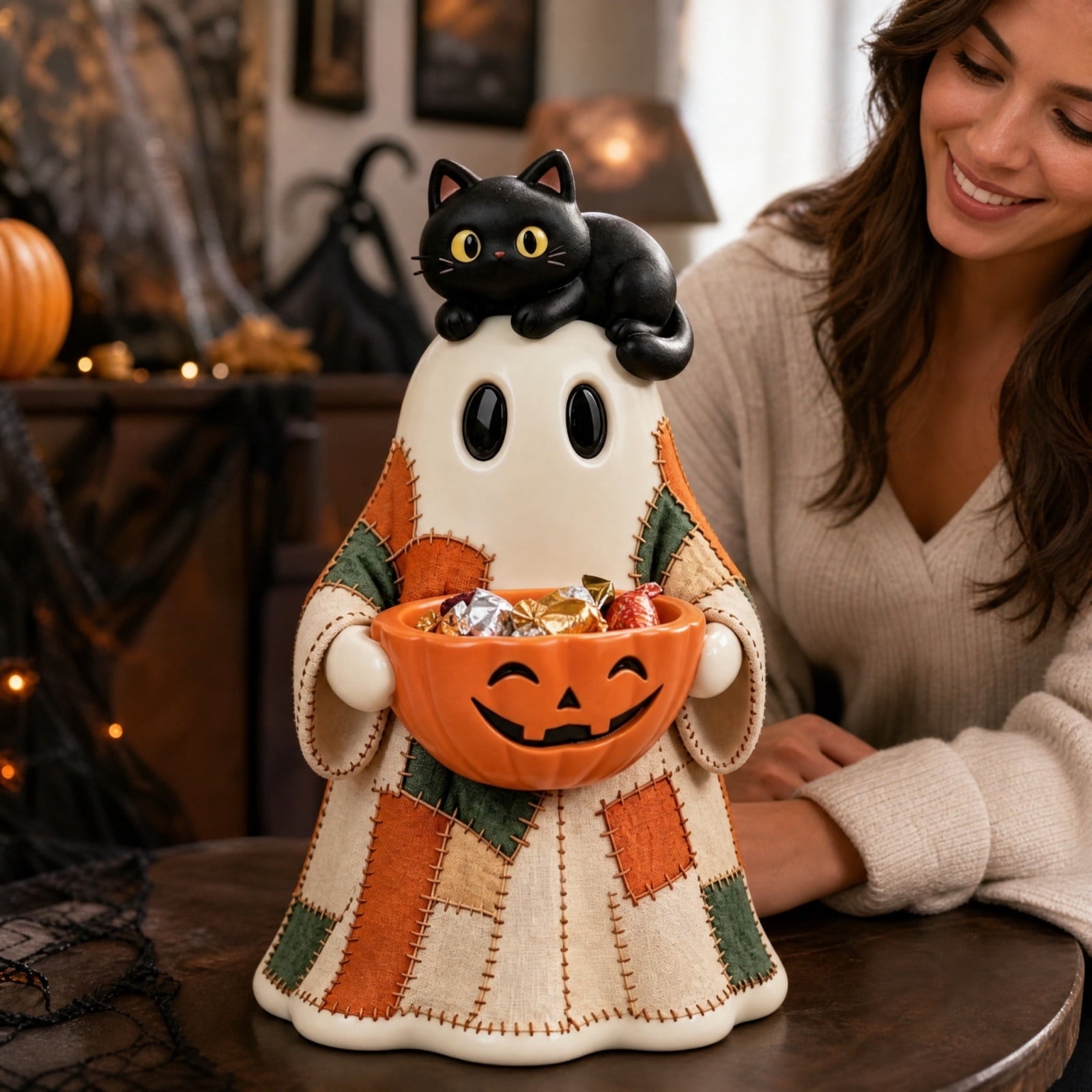 Diceymbol Halloween Pumpkin Snack Bowl Stand Collapsible Broomstick Candy Tray for Cupcakes & Desserts, Resin Serving Platter with Ceramic Pumpkin Bowls