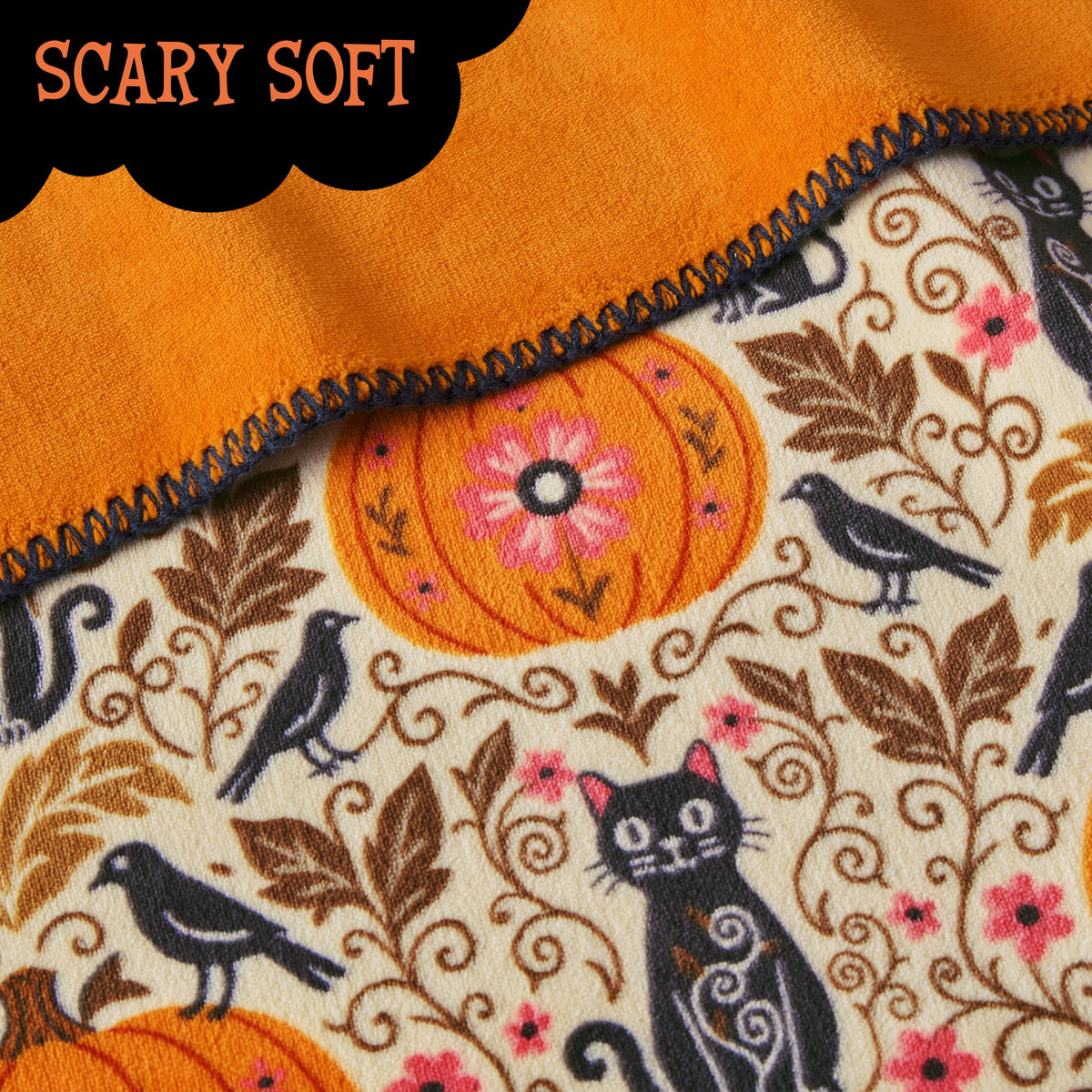 Boo-tique Halloween Plush Soft Oversized Couch Throw Blanket, Cats and Pumpkins, Orange, 50 x 72 in
