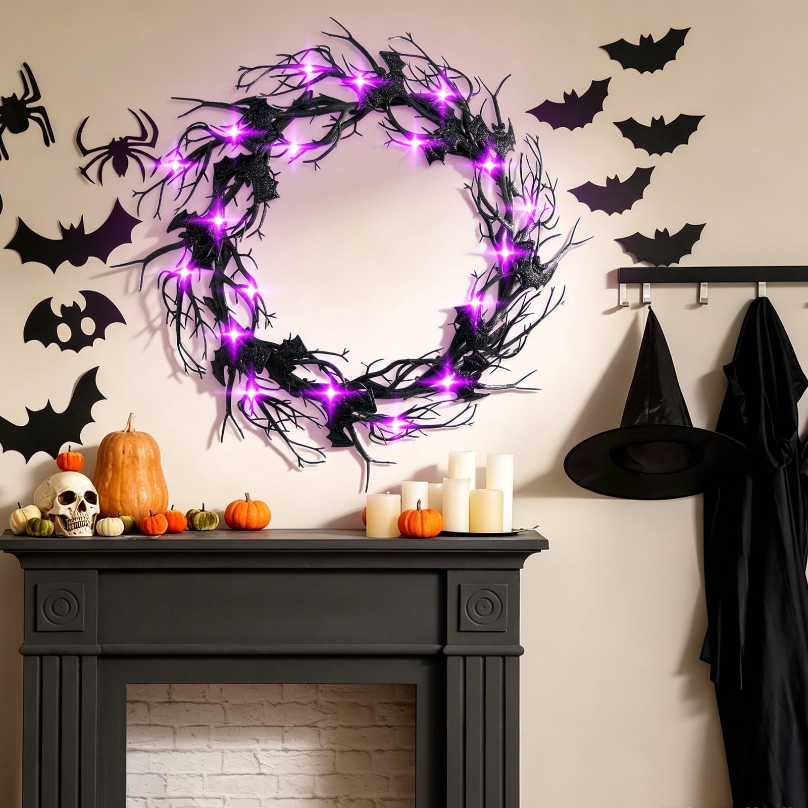 AGCAN 27 Inch Halloween Wreaths for Front Door, Unlit Halloween Wreaths with Witch Hat & Legs, Halloween Decorations for Home, Porch, Window, Indoor, Wall Decor
