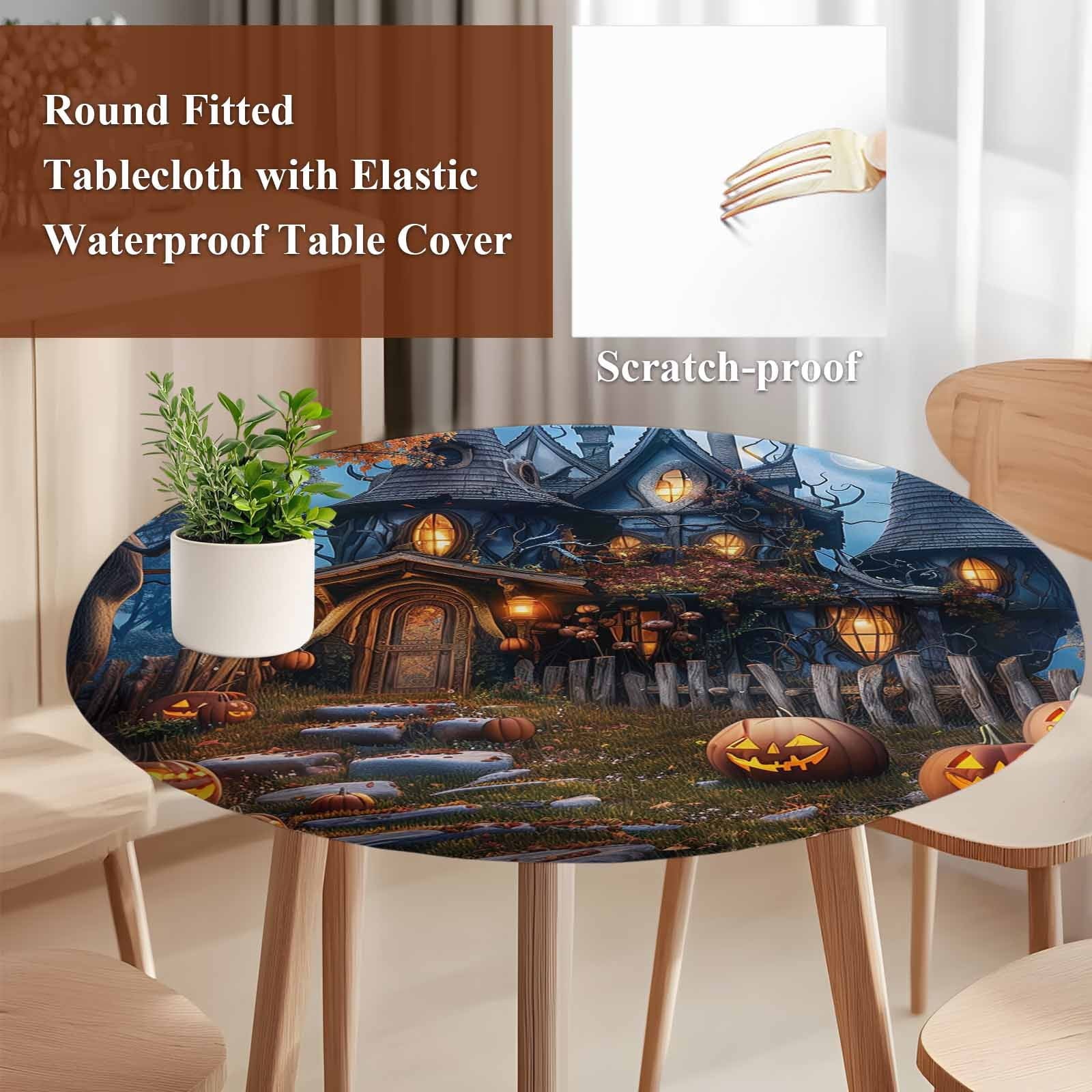 Halloween Round Tablecloth 36-44 Inch Round Fitted Table Cloth with Elastic Edge, Forest Ghost Pumpkin Castle Vintage Cottage Waterproof Table Cover Protector for Outdoor Picnic Party Dining