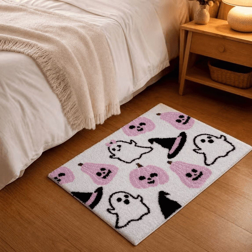 Halloween Doormat Ghost Bath Mat 23.6x15.7in Secure-Grip Absorbent Soft Faux Fur Rug for Bathroom Bedroom Living Room Decor by OVFUIZ