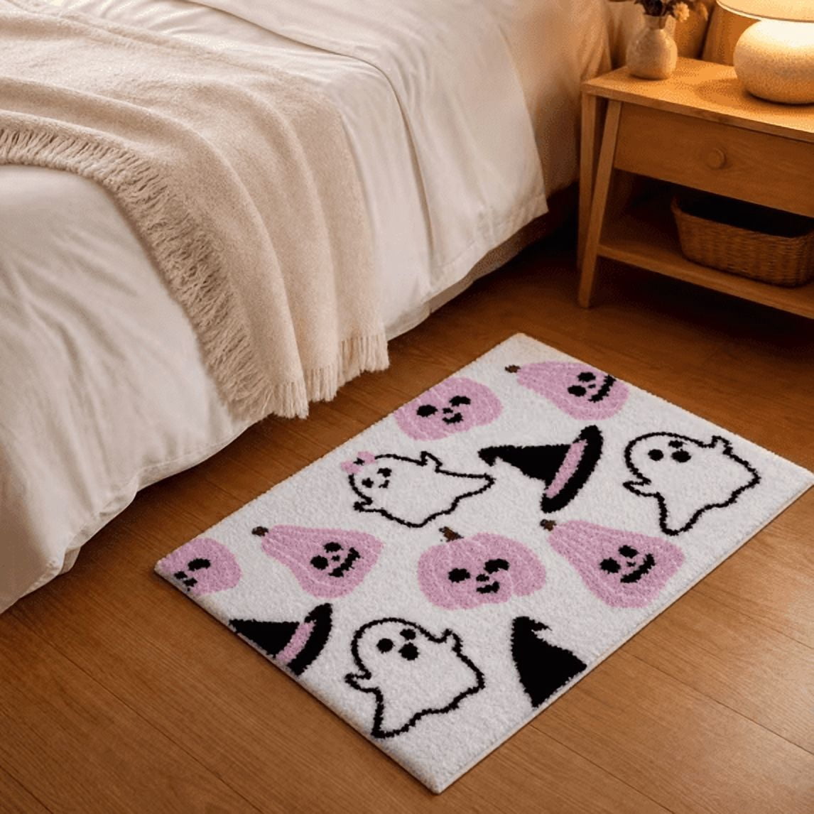 Halloween Doormat Ghost Bath Mat 23.6x15.7in Secure-Grip Absorbent Soft Faux Fur Rug for Bathroom Bedroom Living Room Decor by OVFUIZ