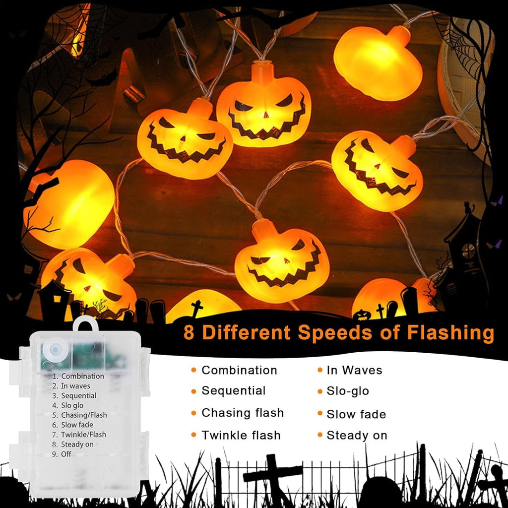Qoosea Halloween Pumpkin String Lights, 20 LED 10.5ft 8 Modes Waterproof Orange Halloween Decorations Outdoor Indoor Bedroom Camper Party Decor