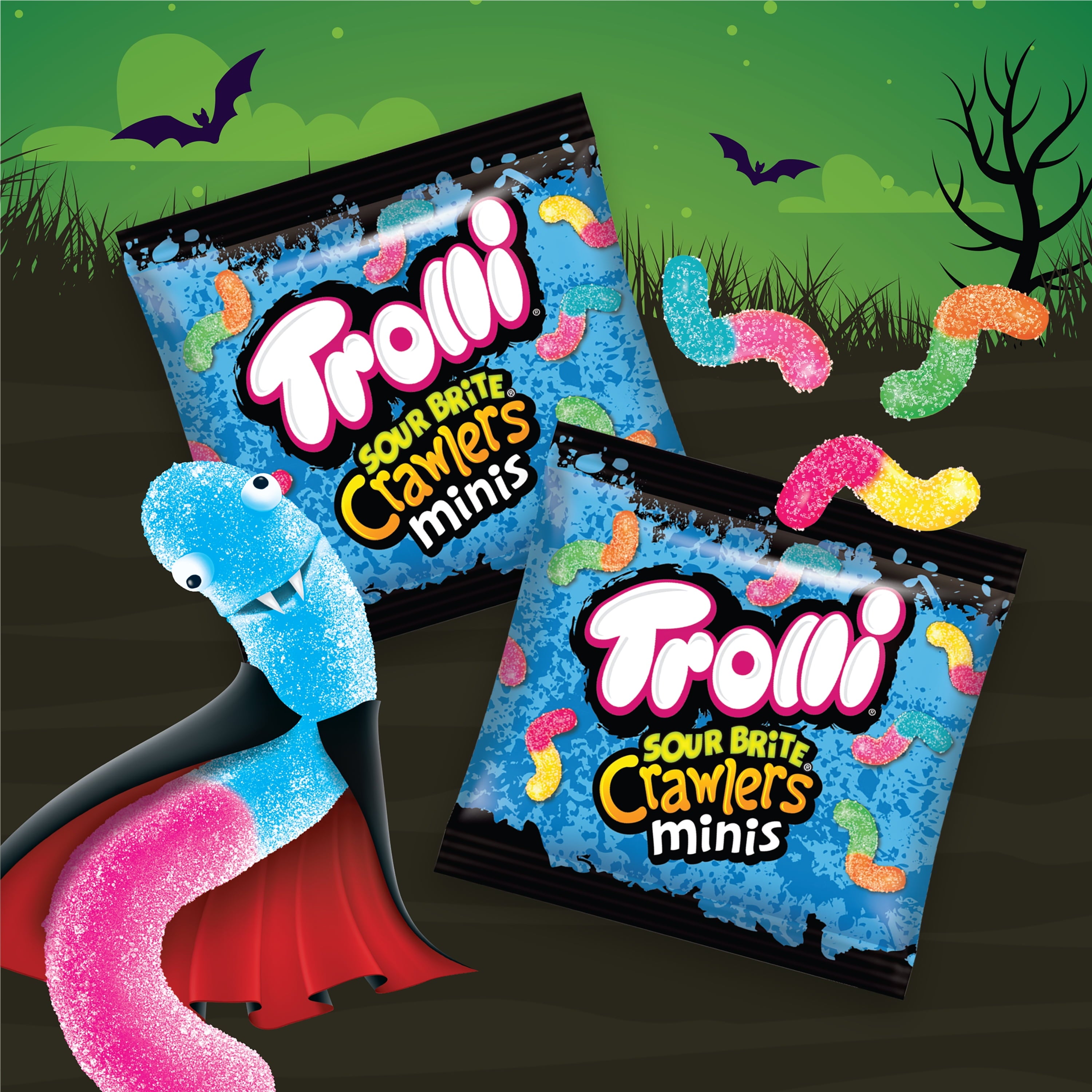 Trolli Sour Brite Crawlers, Halloween Sour Candy Treat Packs, 7.2 oz Bag, 12 Count