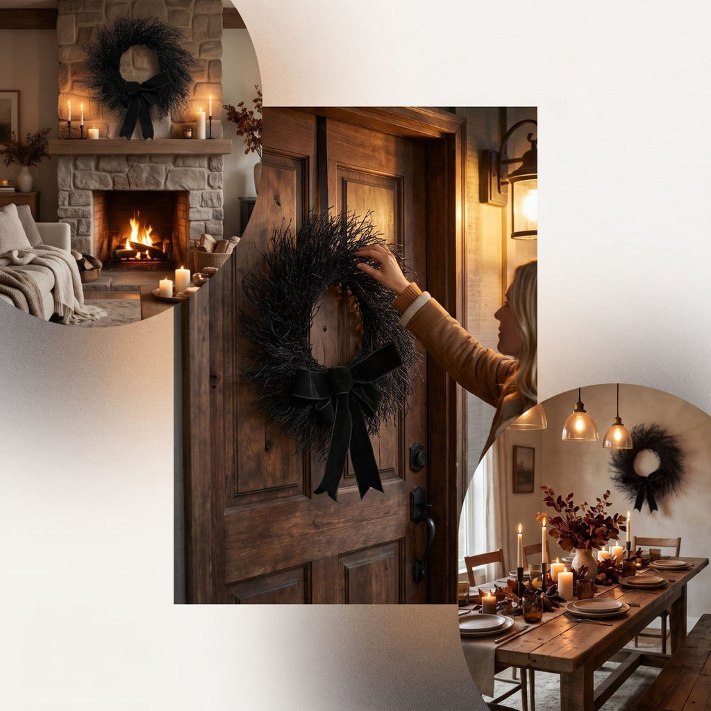 Drapey Faux Cedar Wreath,Halloween Wreath, Draped Foliage Front Door Wreath, Indoor Outdoor Weather Resistant Gothic Porch Wall Decor for Halloween Seasonal Decoration,Black, 16"
