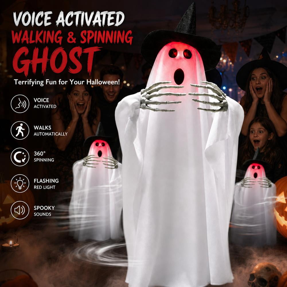 Halloween Animated Ghost Decorations, 26 Inch Sound Activated LED Ghost Prop, Walking Rotating Light Up Decor for Haunted House, Porch, Yard Party