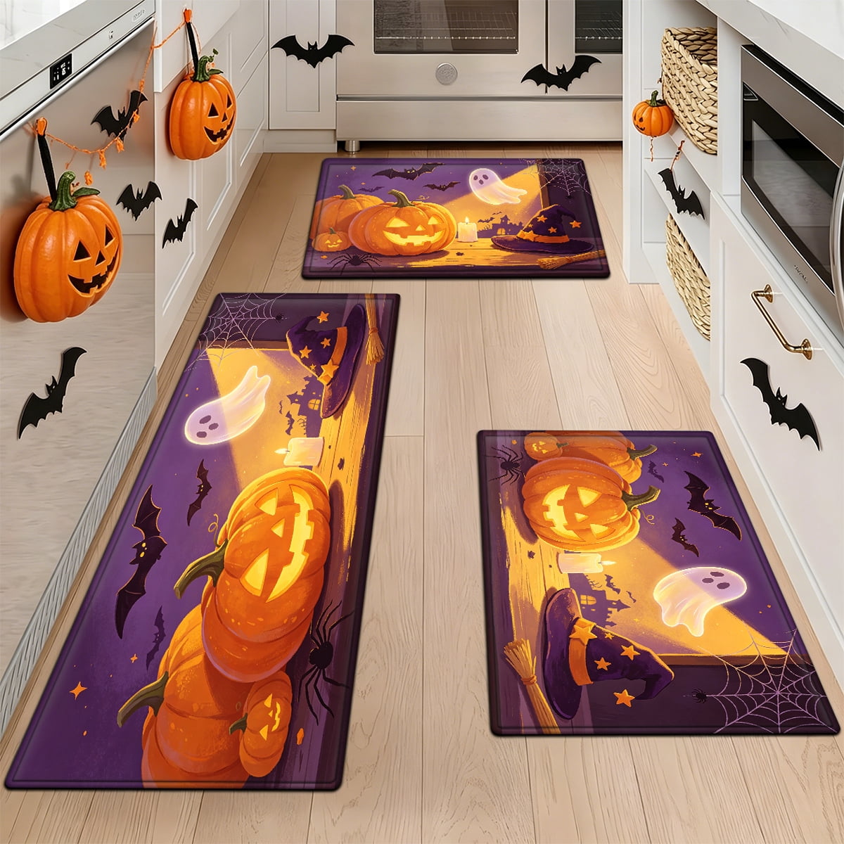 YIMEIS Halloween Pumpkin Lantern 3Pcs Flannel Mat & Kitchen Rugs Set,16''×24'' 20''×30'' 17''×47'' Inches,Soft Non-slip for Home Bathroom