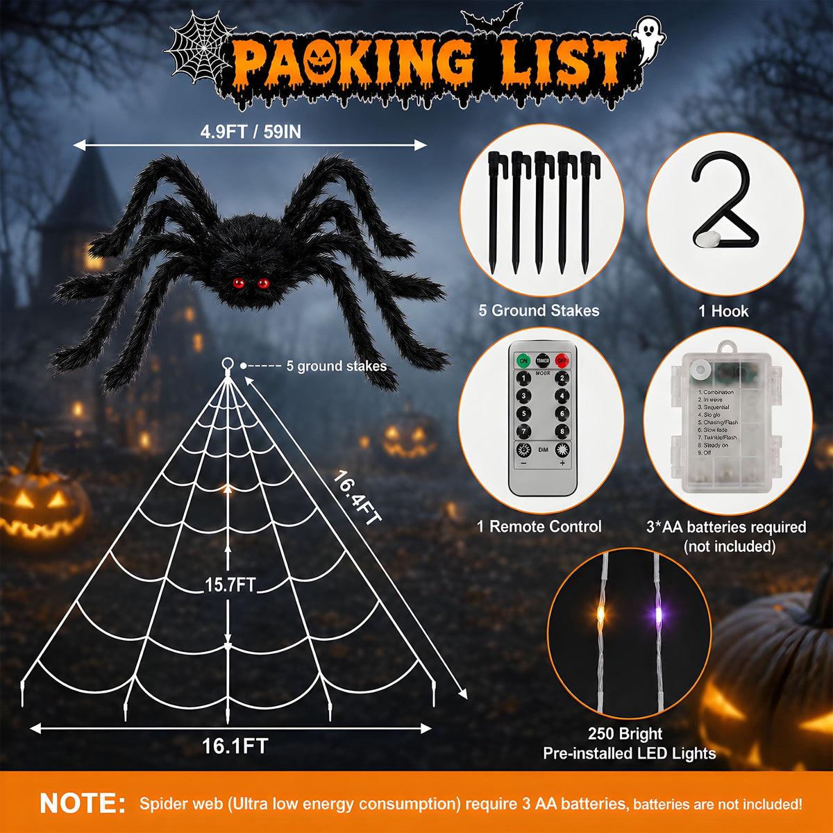 DAYBETTER Halloween Spider Web Lights, 5FT Giant Spider, 250 LED Holiday Lights, Remote Control Waterproof for Indoor Outdoor Yard Party Halloween Decorations (Purple & Orange)