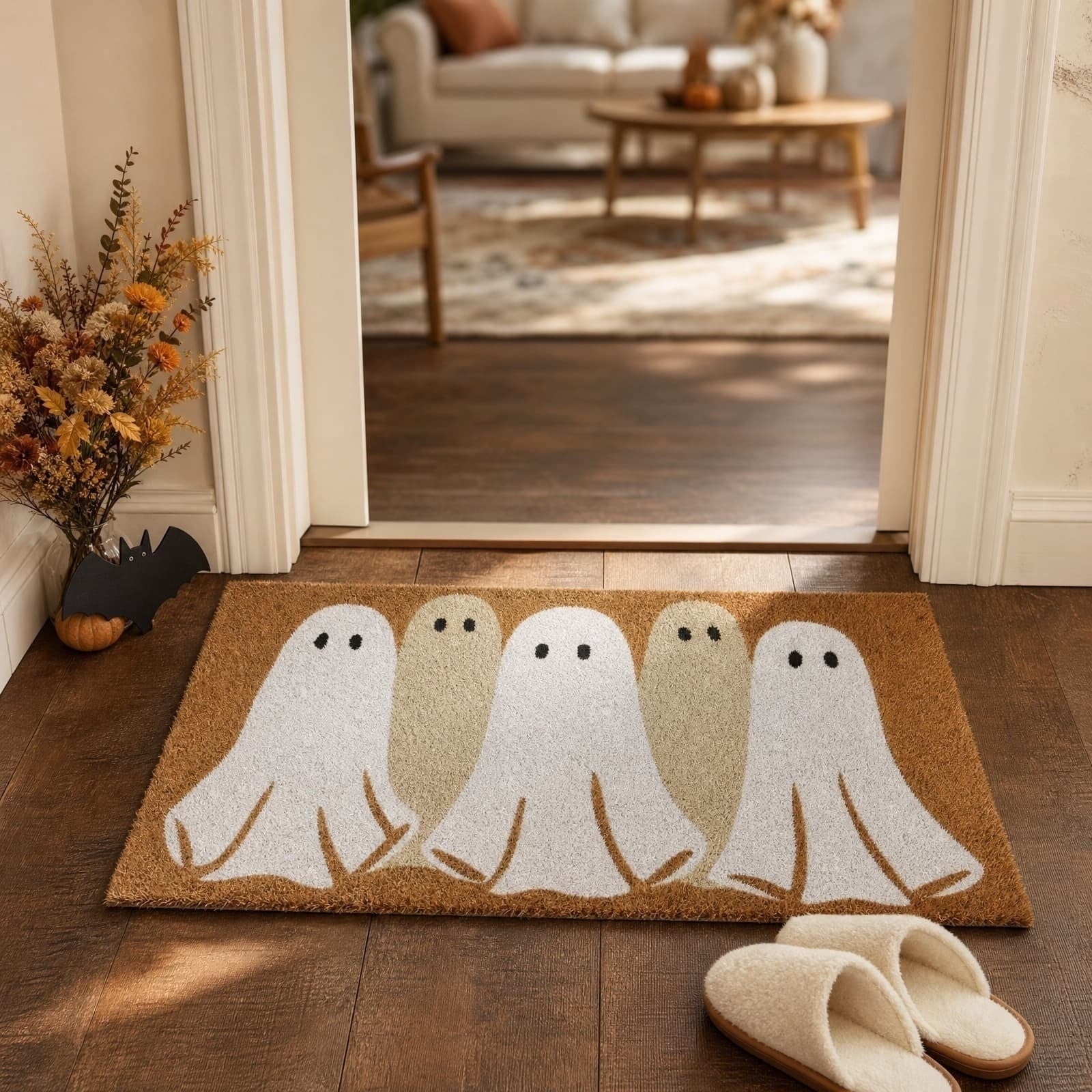 Cute Ghost Family Halloween Doormat, Outdoor Ghost Coir Door Mat Cute Outdoor Indoor Entrance Door Mat Non Slip Rubber Backing for Halloween Front Porch Entryway Decor