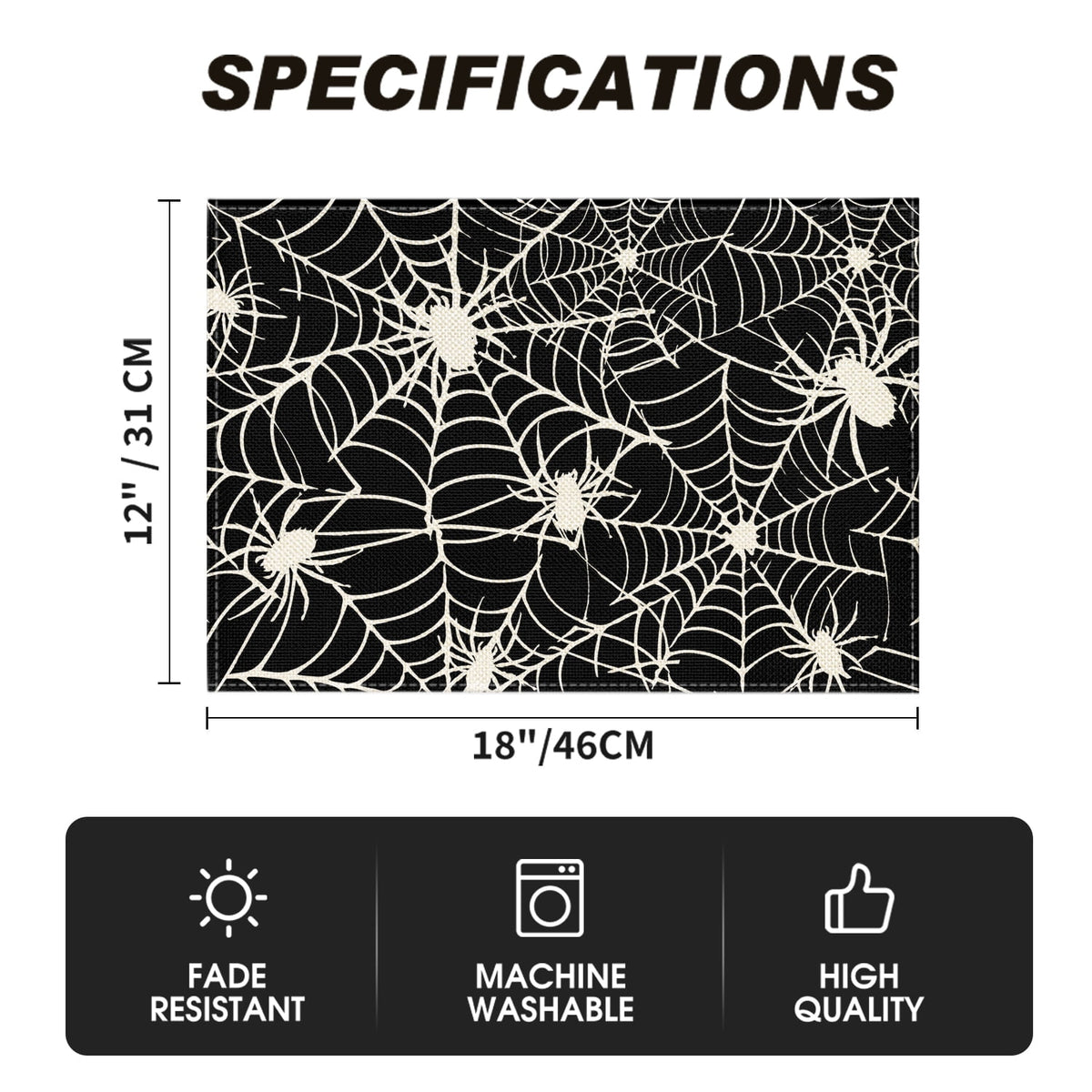 Smile Jack-O'-Lantern Spider Web Halloween Table Placemats Set of 4 Round 15 Inch Black