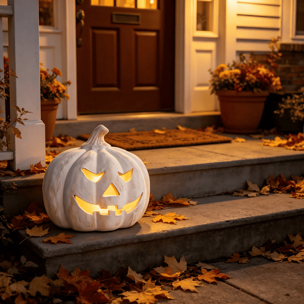Fall Decor - Halloween Decorations - 5.9"H White Handmade Resin Pumpkin Jack O' Lantern with Flameless Candle - Outdoor Indoor Autumn Decoration for Table Centerpieces Porch Room Front Door