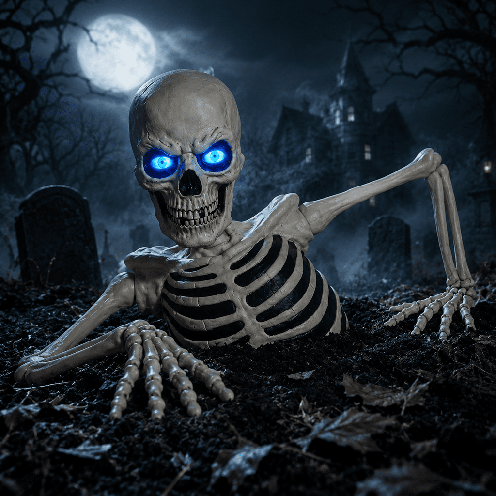 Clearance Halloween Giant Skeleton Decoration, Outdoor Yard Ground Breaking Skeleton Prop with LCD Animated Eyes and Adjustable Arms, Spooky Decor for Lawn Porch Patio