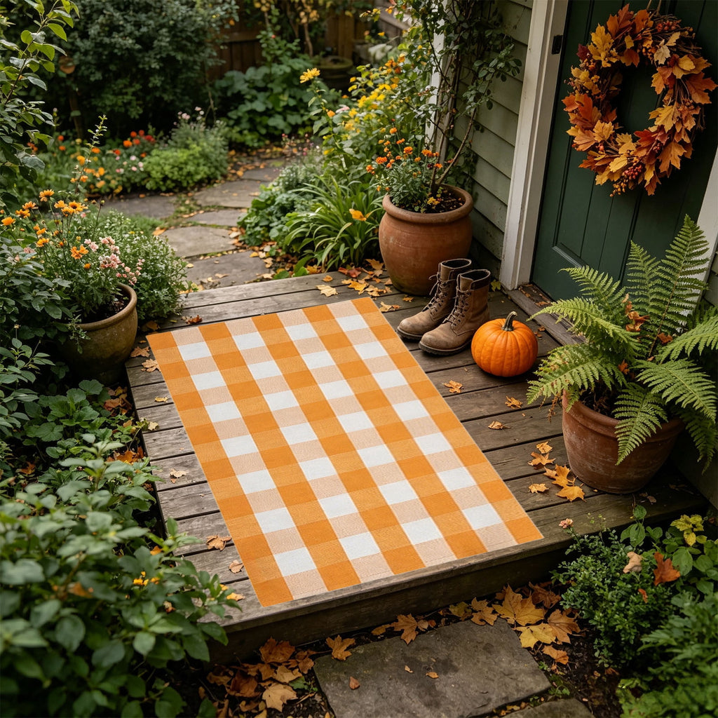 Orange Plaid Fall Outdoor Mat, Hand-Woven Porch Rug for Thanksgiving Halloween Door Decor