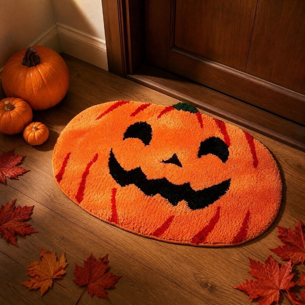 Liamobondopolis Halloween Floor Mat Jack O Lantern Shaped Tufted Non Slip Rubber Back Halloween Decor for Bathroom Entryway Halloween Party Decorations 23.62In X 15.75In