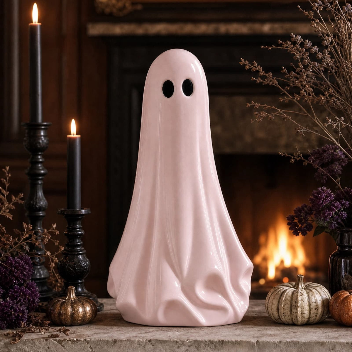 Pink Halloween Decor Ghost Candy Bowl Figurine with Bow and Scalloped Holder for Indoor Tabletop Decor and Party Favor Display
