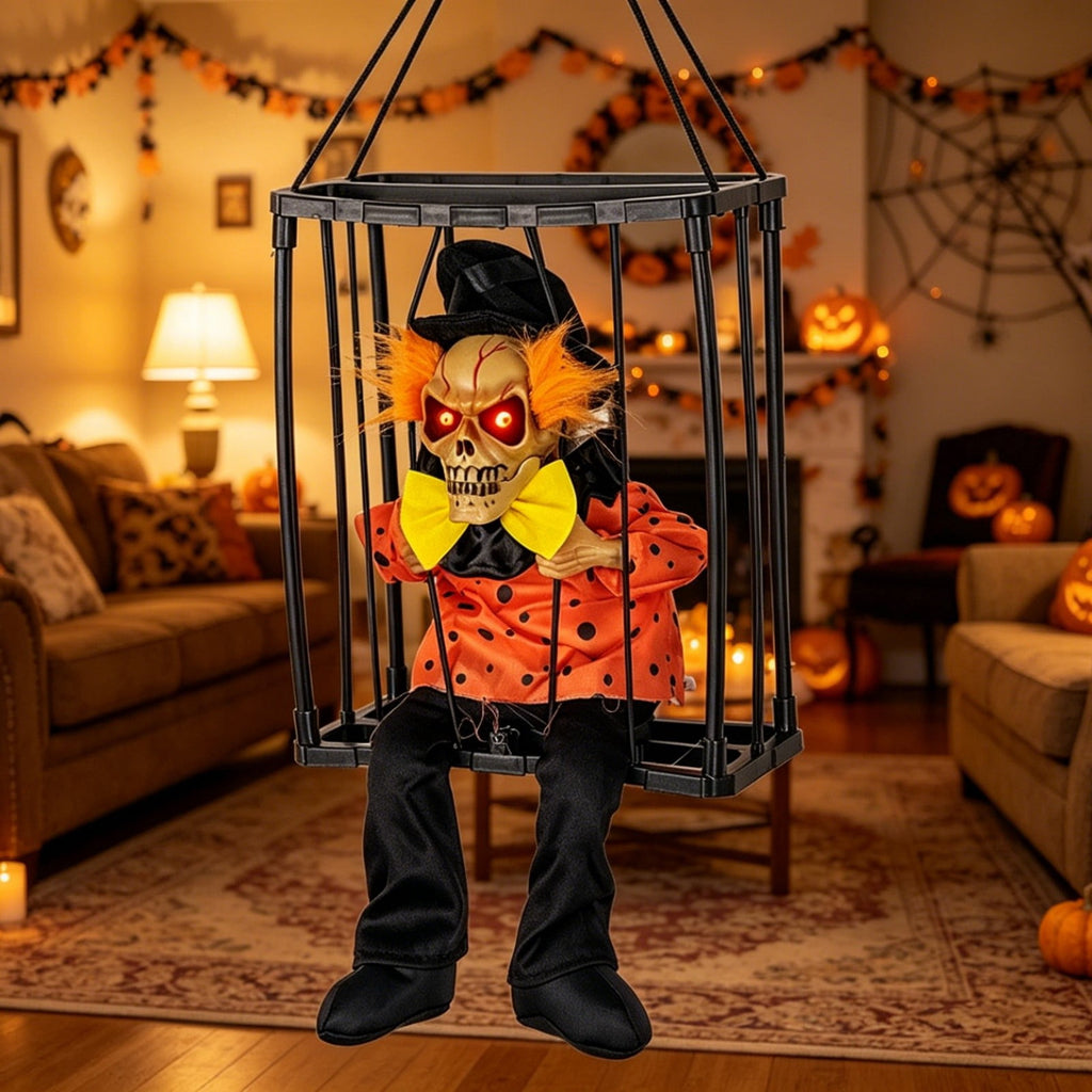XIA0LE Halloween Hanging Caged Skeleton Prisoner Decoration, Animated Shaking Scary Ghost With Motion Sensor & Sound, Glowing Red Eyes Activated For Indoor Outdoor Party Decor (C)