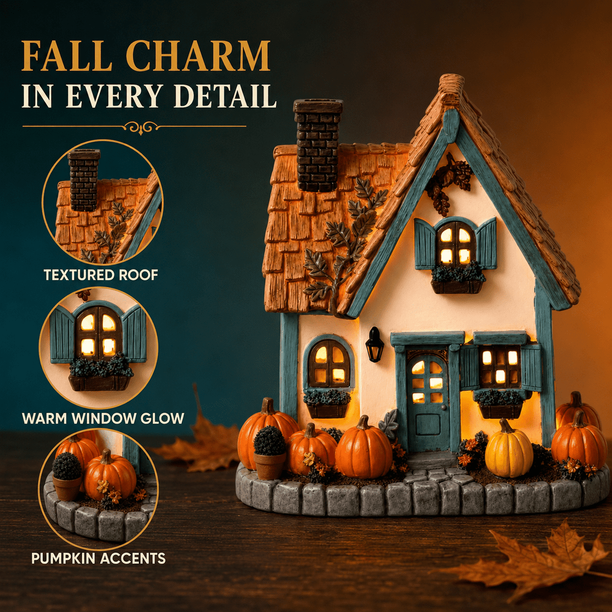 Fall Harvest Light Up Cottage House, LED Resin Pumpkin Autumn Halloween Thanksgiving Tabletop Decor with Warm Glow for Mantel Shelf Home Office Seasonal Decoration, 6" (1 PC)