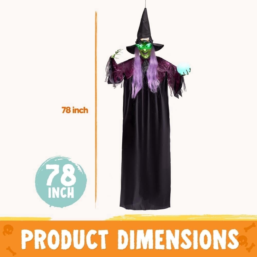 Joyfy 6ft Halloween Witch Decoration,Outdoor Scary Halloween Animatronic Hanging Witch with Light Up Eyes and Sound Decoration for Halloween Outdoor