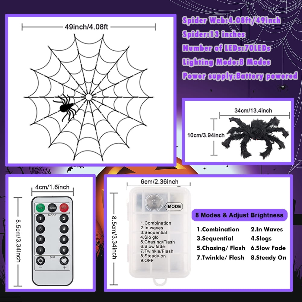 Halloween Decorations Spider Web Lights,4FT Diameter 70 LED with Black Spider, Waterproof Net Lights, Remote Control, 8 Modes Cobweb Halloween Decorations for House Garden Indoor Outdoor (Purple)