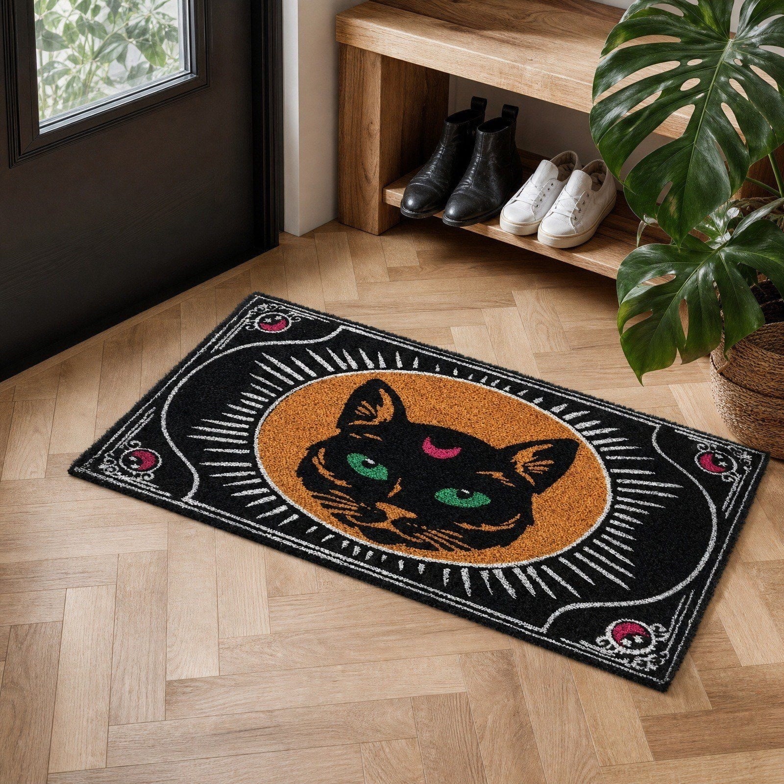 AHGQT Funny Green Eyes Cat Bathroom Rug, 31’’x19’’ Non Slip Machine Washable Mat, Spooky Halloween Rug Decor for Home Bedroom Shower Floor