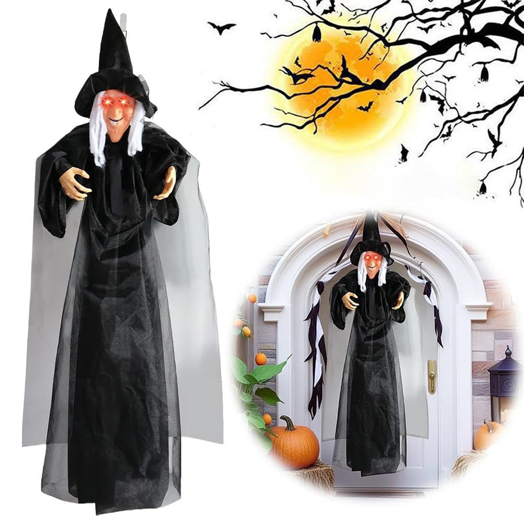 BinKFF Life Size Hanging Talking Witch - Animated Halloween Witch with Sound Activation and Red Eyes for Outdoor & Indoor Decor - Flying Animatronic Witch for Halloween Decorations