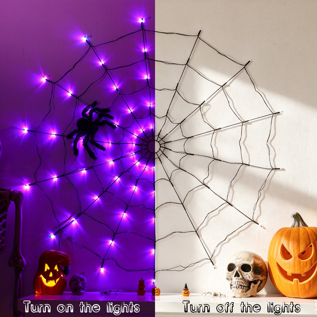 DAYBETTER Halloween Spider Web Lights, 4FT Purple LEDs with Hairy Black Spider, Remote Control, Waterproof for Indoor, Outdoor, Halloween Decor
