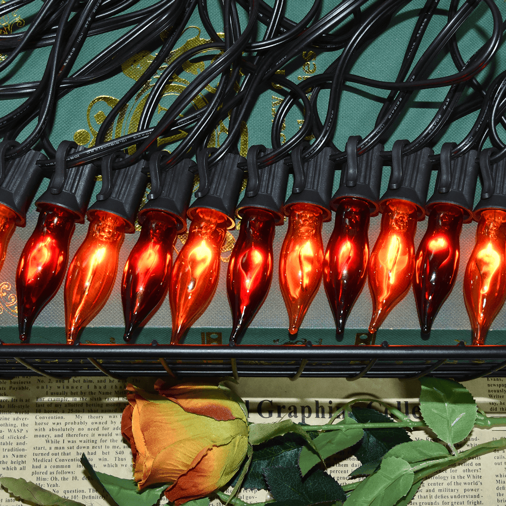 Halloween Lights Flickering Flame String Lights with 12 Pack C7 Orange Flame Light Bulbs (2 Spare), 12.8Ft Orange Flame String Lights for Indoor Outdoor Home Party Yard Halloween Decorations