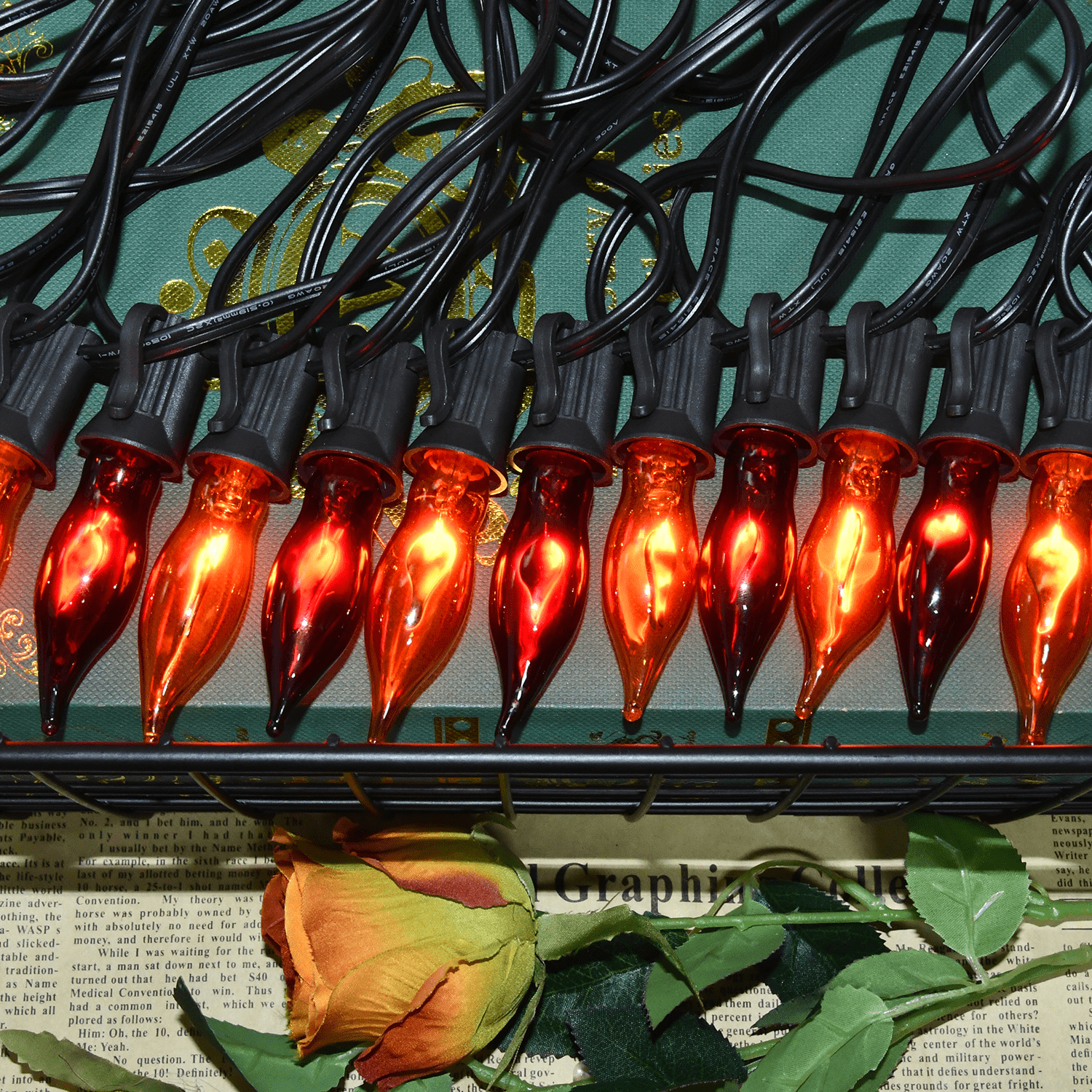 12.8Ft Christmas Lights Flickering Flame String Lights with 12 Pack Clear C7 Flame Light Bulbs（2 Spare）, Great for Indoor Outdoor Home Patio Party Christmas Decorations Lights, 1W, E12 Base