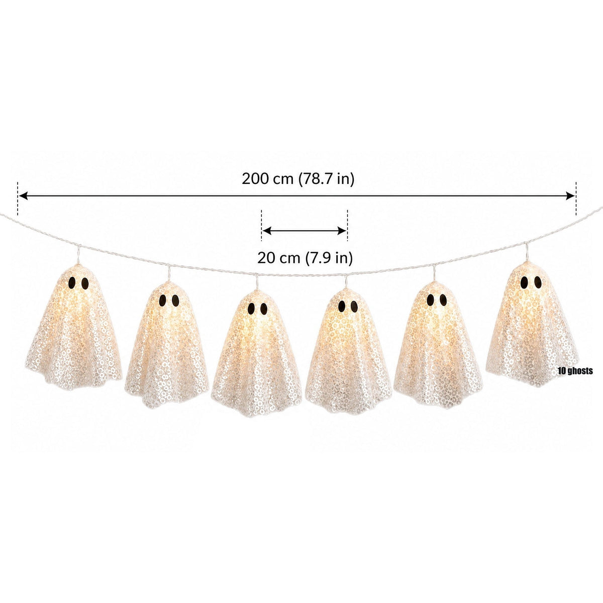 Halloween Light Up Ghost Garland, 6.56FT 10 Sequin Ghost Banner with Black Eyes, Spooky Hanging Decoration for Fireplace Party Yard Tree Indoor & Outdoor Decor