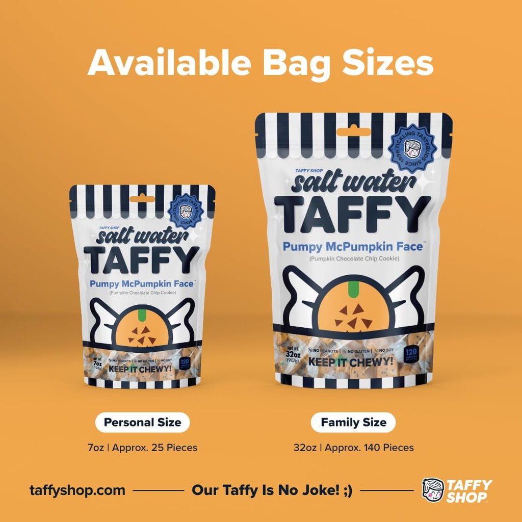 Taffy Shop Pumpy McPumpkin Face, Pumpkin Chocolate Chip Cookie Salt Water Taffy – Assorted Gourmet Candy Variety Pack, Bulk Sweet Snack, Fresh & Gluten-Free, 65 Individually Wrapped Pieces (32oz)