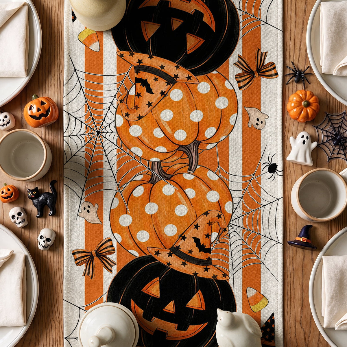 Sm:)e Halloween Table Runner Ghost Pumpkin 13x72 Inch, Halloween Party Kitchen Dining Indoor Outdoor Decorations,Orange