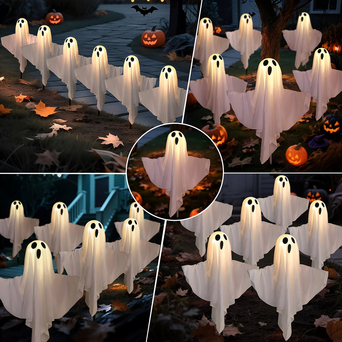 6 Pack Solar Powered Ghost Halloween Decorations Outdoor, LED Light Up Ghost Stakes with Auto On/Off and 8 Lighting Modes, Waterproof Halloween Yard Decor for Garden, Pathway, Porch, Lawn and Party