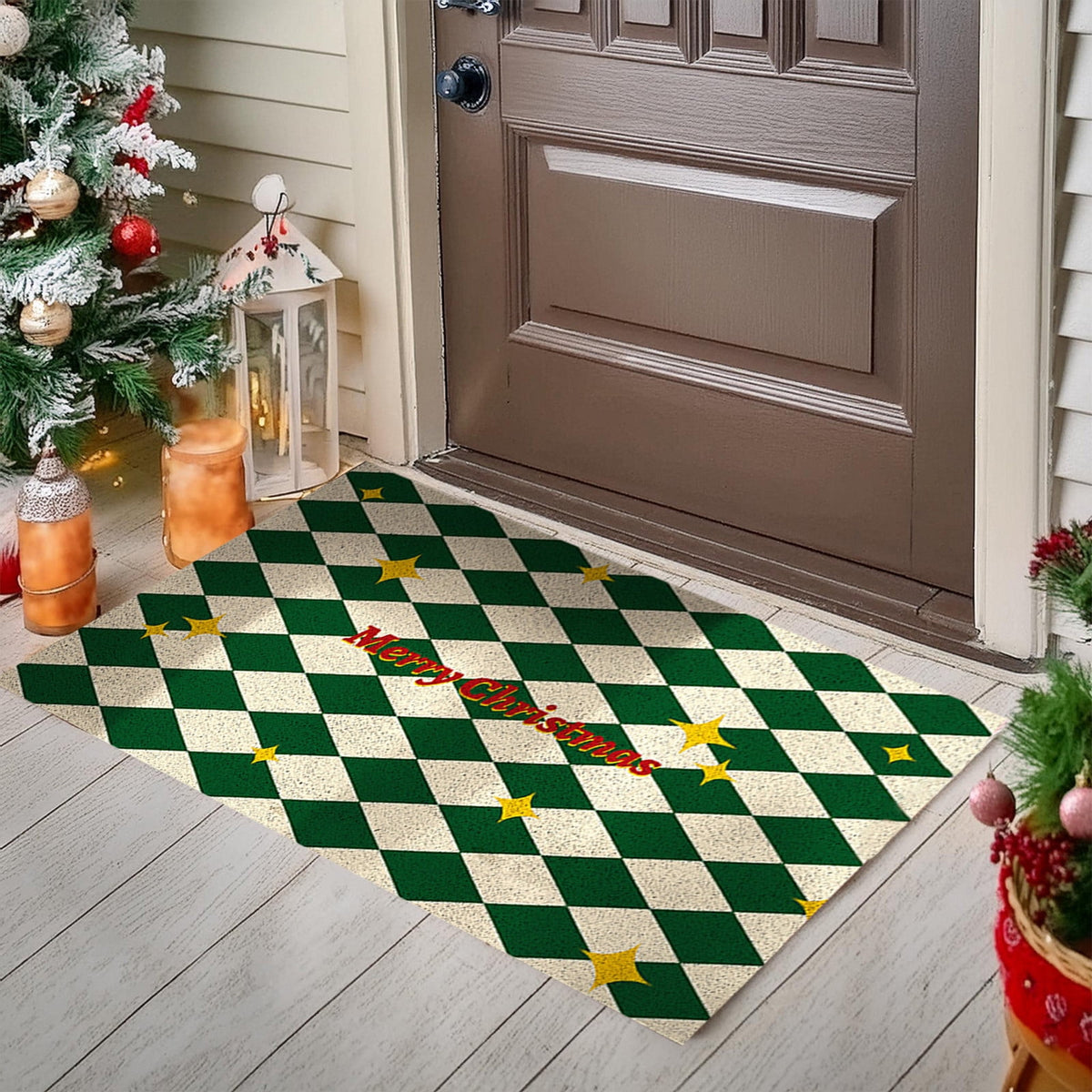 Orange Plaid Fall Outdoor Mat, Hand-Woven Porch Rug for Thanksgiving Halloween Door Decor