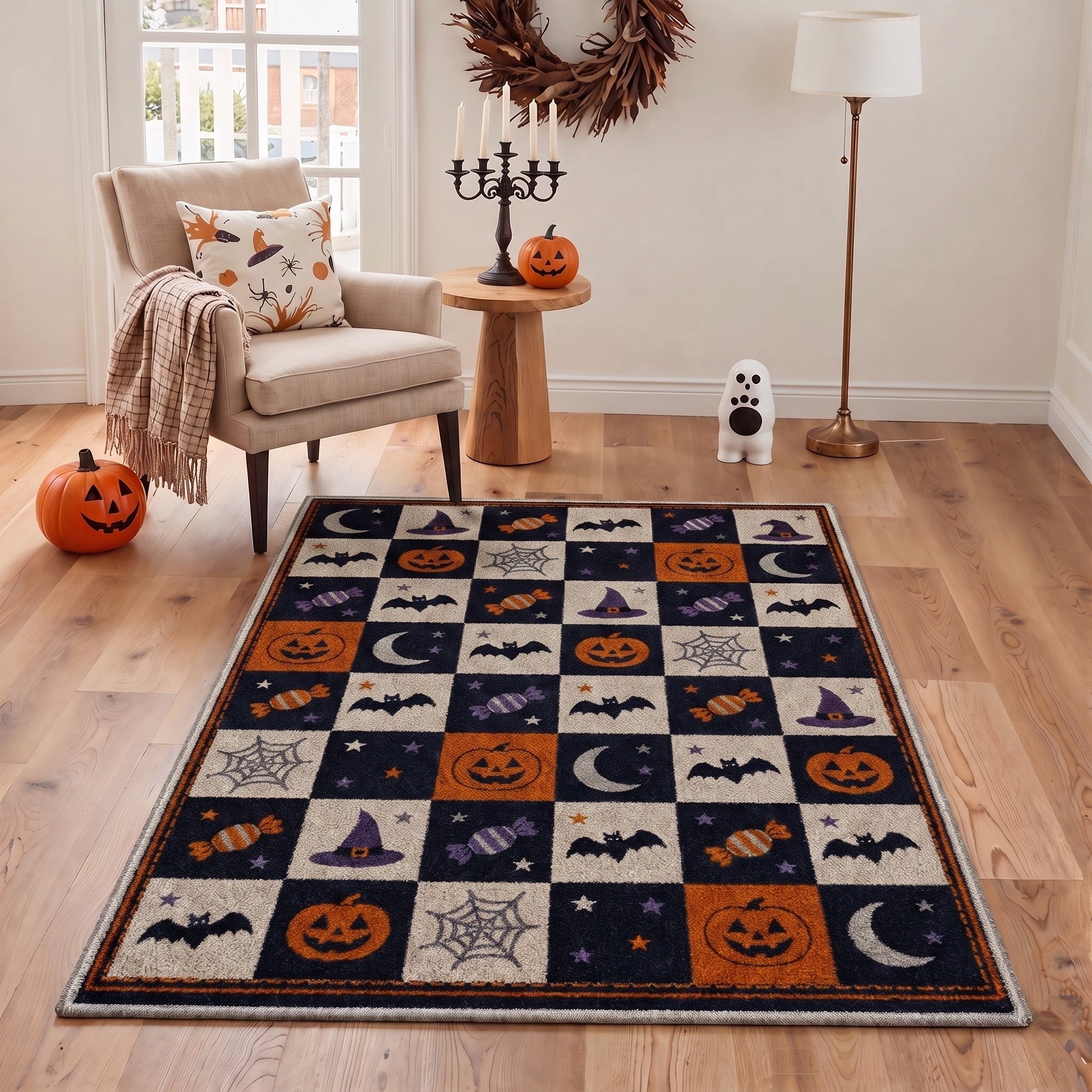GENIMO 5'x7' Halloween Area Rug for Living Room, Washable Non Slip Soft Vintage Witch Indoor Rug for Bedroom Dining Room Home Office, Retro Sepia